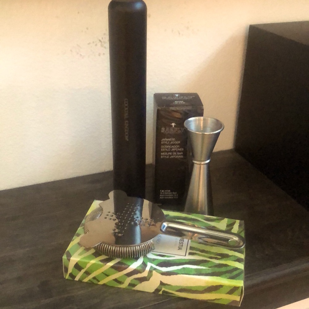 Bar tools - muddler, strainer, and jigger